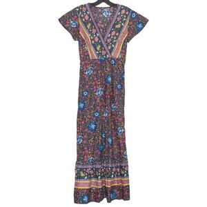 Wrap Dress Boho Cottagecore Retro Hippie Festival Summer Midi Floral Blue Small